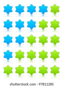 Five six-pointed stars ratings web 2.0 button. Green and blue shapes with shadow and reflection on white, 10eps.