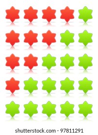 Five six-pointed stars ratings web 2.0 button. Green and red shapes with shadow and reflection on white, 10eps.
