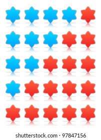Five six-pointed stars ratings web 2.0 button. Red and blue shapes with shadow and reflection on white, 10eps.