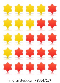 Five six-pointed stars ratings web 2.0 button. Red and yellow shapes with shadow and reflection on white, 10eps.