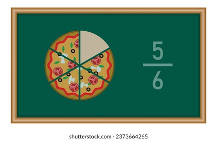 Five sixths pizza fractions. Fraction for kids. Pizza slices. Fraction fun with pizza. vector illustration isolated on chalkboard.