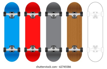 Five skateboards on a white background. Vector illustration.