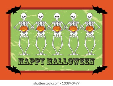 Five skeletons with pumpkins. EPS 10