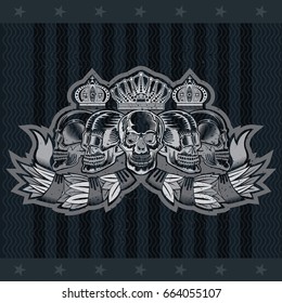 Five skulls different view with crowns on laurel wreath. Heraldic vintage label on blackboard