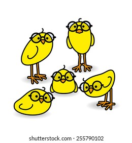 Five Small Cute Yellow Chicks Wearing Black Round Frame Glasses Staring at Camera on White Background