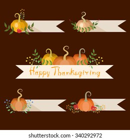 Five small Thanksgiving compositions with banners for your text and pumpkins, apples, leaves and flowers. November harvest and holidays theme elements for blog or kitchen decor. Vector file is EPS8.