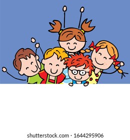 Five smiling children, funny vector illustration, template. Group of girls and boys, creative picture. Blue background.