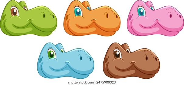 Cinco caras de dinosaurio sonrientes en diferentes colores