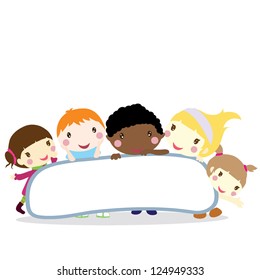 five smiling little children with board background