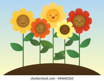 Five smiling sunflowers