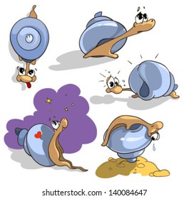 Five snails set with different feelings and emotions.