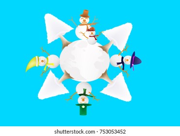 Five snow man and four tree on white earth on Christmas's day,we are happy family to new year, Christmas vector