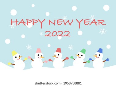 Five snowman New Year's card. Vector illustration.