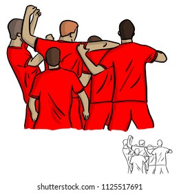 five soccer players celebrating after shooting goal vector illustration sketch doodle hand drawn with black lines isolated on white background