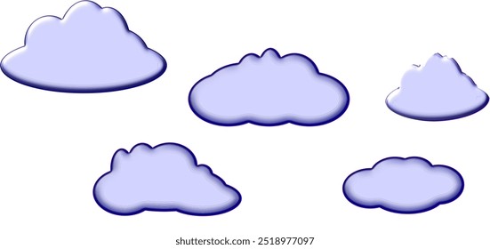 Cinco nubes azules suaves y esponjosas de diferentes tamaños están dispersas en un fondo blanco prístino. Las nubes parecen estar flotando perezosamente, creando una atmósfera serena y pacífica.