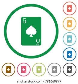 Five of spades card flat color icons in round outlines on white background