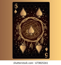 Five of spades. Playing card with original design on the theme of space.