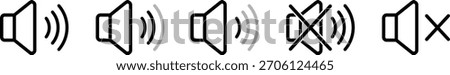 Five speaker icons arranged horizontally depict a progression of sound volume from low to high, ending with mute symbols.