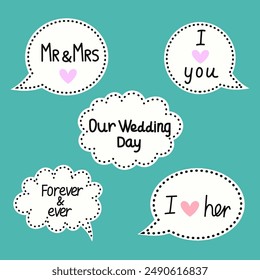 Five speech bubbles with wedding-themed messages on a teal background.