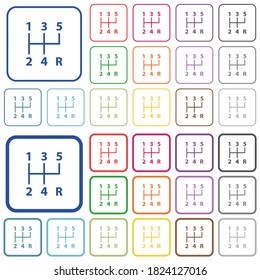 cinco velocidades de los iconos planos del color del cambio de los engranajes manuales en cuadros cuadrados redondeados. Se incluyen versiones delgadas y gruesas.