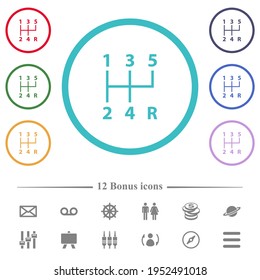 five speed manual gear shift flat color icons in circle shape outlines. 12 bonus icons included.