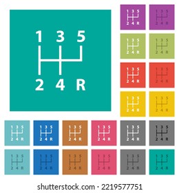 cinco velocidades de selección manual de engranajes, iconos planos multicolores en fondo cuadrado plano plano. Se incluyeron variaciones de iconos blancos y oscuros para efectos de movimiento o activos.