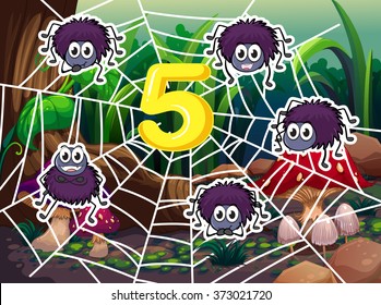 Five spiders around number 5 illustration