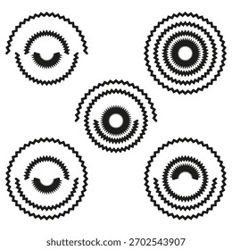 Cinco formas espirais. Linha em ziguezague Padrão de vetor. Ondulação de som abstrata. Elemento preto nítido.
