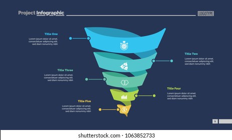 Five spiral turns process chart slide template. Business data. Step, point, design. Creative concept for infographic, presentation, report. For topics like management, marketing, recruitment.