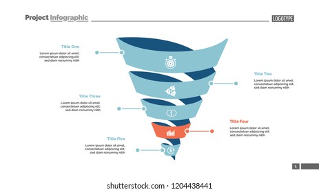 Five spiral turns process chart slide template. Business data. Step, point, design. Creative concept for infographic, presentation, report. For topics like management, marketing, recruitment.