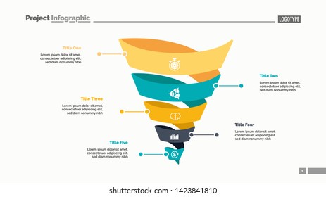 Five spiral turns process chart slide template. Business data. Step, point, design. Creative concept for infographic, presentation, report. For topics like management, marketing, recruitment.