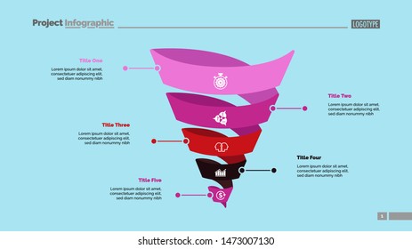 Five spiral turns process chart slide template. Business data. Step, point, design. Creative concept for infographic, presentation, report. For topics like management, marketing, recruitment.