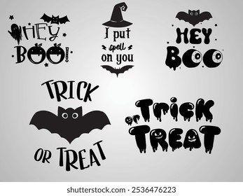 Cinco espeluznantes pero humorísticas citas de Halloween, con tipografía e ilustraciones cautivadoras. Estos diseños son ideales para crear decoraciones de Halloween, tarjetas caprichosas o invitaciones divertidas para fiestas. 