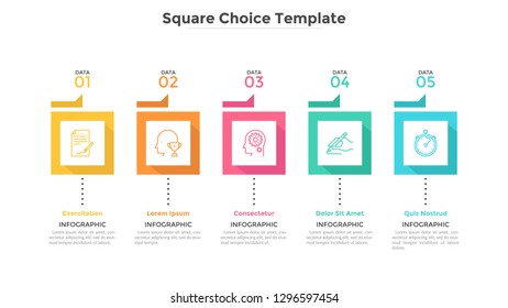 Five square elements arranged in horizontal row. Concept of 5 business options to choose. Simple infographic design template. Flat vector illustration for report, presentation, brochure, banner.