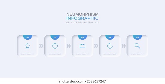 Five square elements with description. Concept of 5 company services to choose from. Modern neomorphic infographic design template.