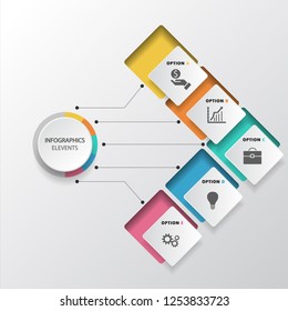 Five square elements with paper icons and a place for text to square white paper. The concept of 5 business development features. Infographic design template. Vector illustration.
