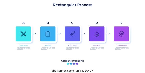 Cinco elementos quadrados colocados em linha horizontal e conectados por setas. Conceito de 5 fases do processo de negócios. Modelo de design de infográfico corporativo. Ilustração de vetor plano para barra de progresso.