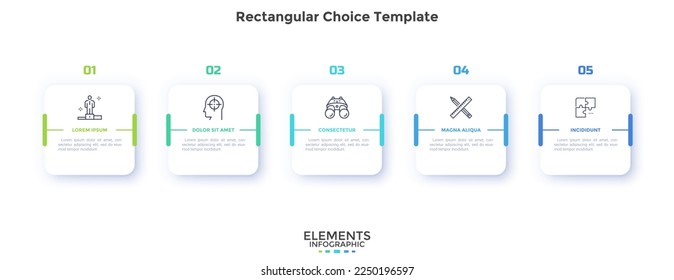 Cinco elementos blancos de papel cuadrado colocados en fila horizontal. Concepto de 5 pasos sucesivos para el éxito de los proyectos empresariales. Plantilla moderna de diseño infográfico. Simple ilustración vectorial plana para banner.