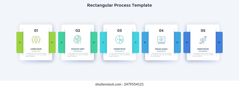 Five square paper white elements placed in horizontal row. Concept of 5 successive steps to business project success. Modern infographic design template. Simple flat vector illustration for banner.