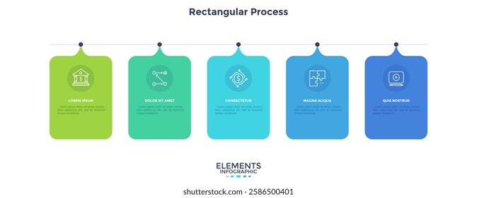 Five square paper white elements with rectangles placed in horizontal row. Concept of 5 successive steps to business project success. Modern infographic design template. Vector Illustration