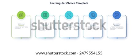 Five square paper white elements with colorful circles placed in horizontal row. Concept of 5 successive steps to business project success. Modern infographic design template. Vector Illustration