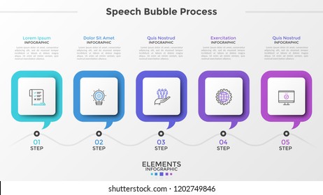 Five square speech bubbles with linear symbols inside and text boxes placed into horizontal row. Concept of 5 steps of progressive development. Modern infographic design template. Vector illustration.