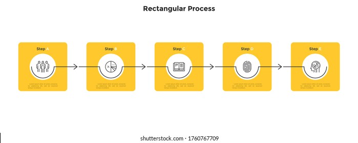 Five squares placed in horizontal row and connected by arrows. Concept of 5 steps of business development strategy. Simple infographic design template. Modern vector illustration for presentation.