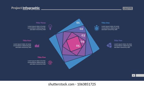 Five squares process chart slide template. Business data. Strategy, step, design. Creative concept for infographic, presentation, report. For topics like marketing, insurance, stock market.