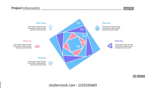 Five squares process chart slide template. Business data. Strategy, step, design. Creative concept for infographic, presentation, report. For topics like marketing, insurance, stock market.