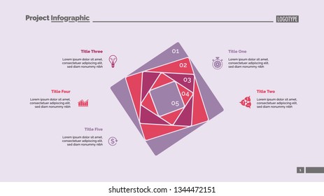 Five squares process chart slide template. Business data. Strategy, step, design. Creative concept for infographic, presentation, report. For topics like marketing, insurance, stock market.