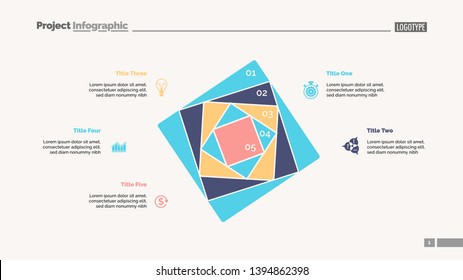 Five squares process chart slide template. Business data. Strategy, step, design. Creative concept for infographic, presentation, report. For topics like marketing, insurance, stock market.