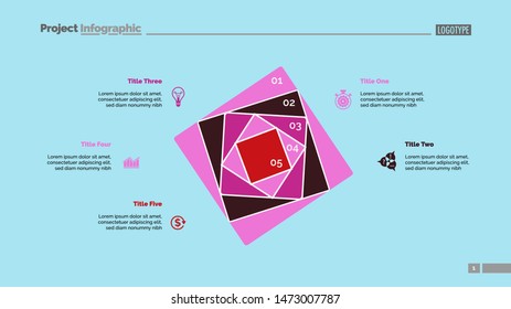Five squares process chart slide template. Business data. Strategy, step, design. Creative concept for infographic, presentation, report. For topics like marketing, insurance, stock market.