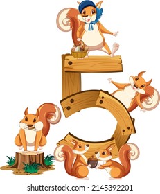 Five squirrel attached to number five illustration