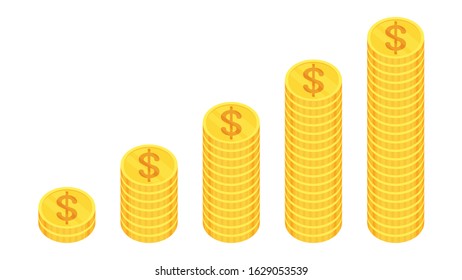 Five stacks of gold dollar coins in ascending order on white background. Flat vector illustration. Success in business and commerce. Investment, growth of revenue, wage, rising prices.